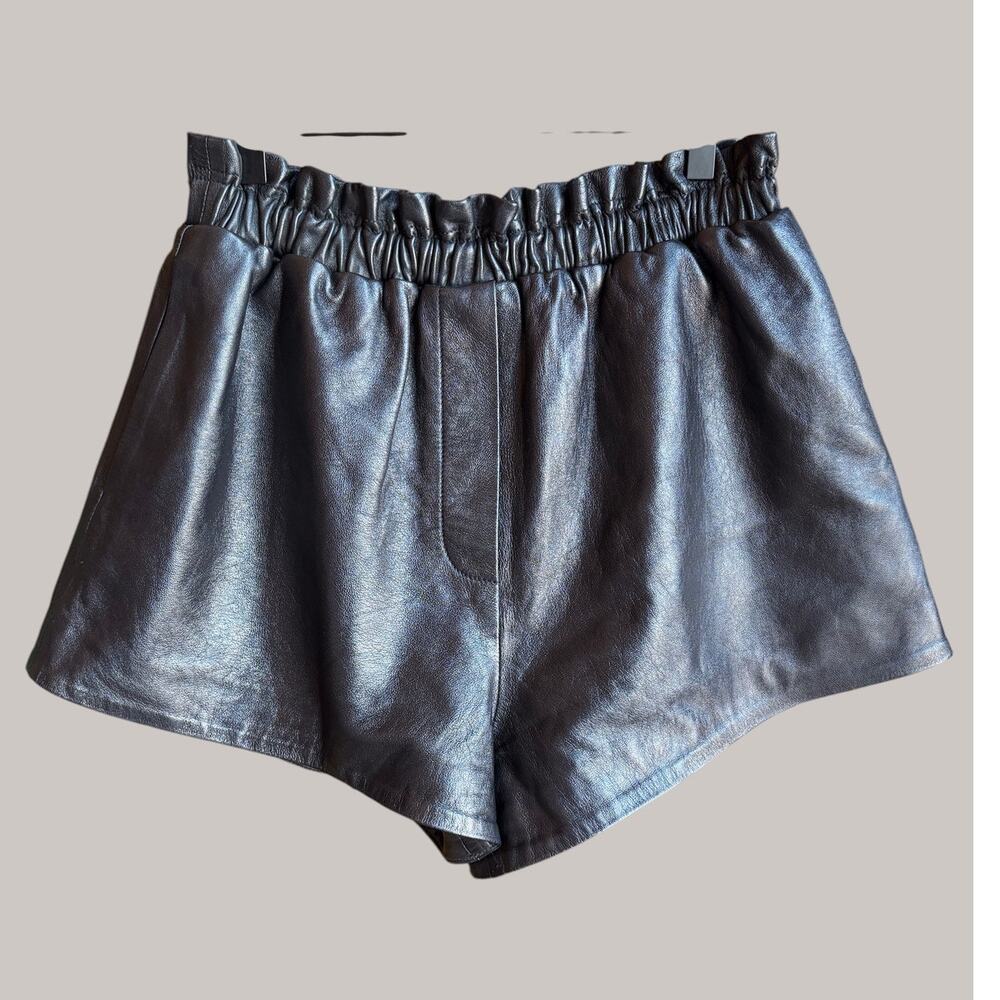 LPA Nina Black Leather Short Shorts Satin Lined Gathered High Waist Retro size L